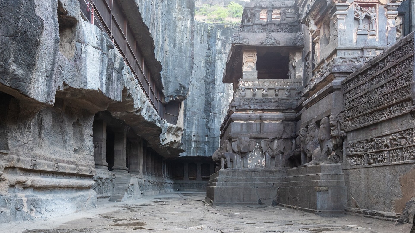 Ellora's Kailasa — a temple carved whole, top-down, from one rock.