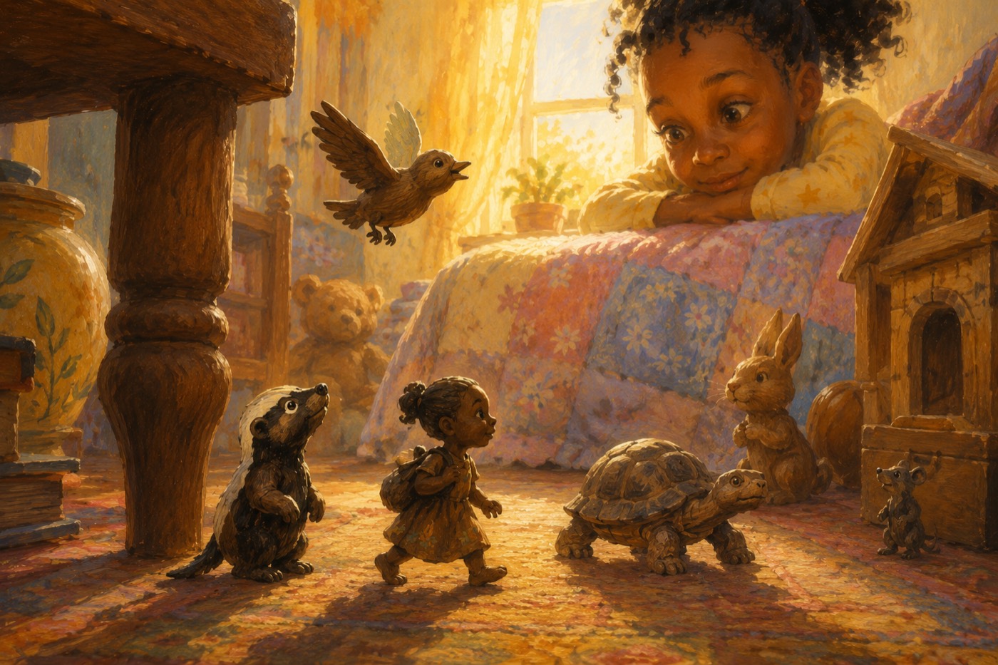 COMPOSITE SPREAD. The same bedroom seen small, with the other carved creatures now also awake and superimposed into the scene: a wooden bird in flight, a wooden tortoise crossing the rug, and a girl no bigger than a thumb — each a life of its own among the giant furniture.